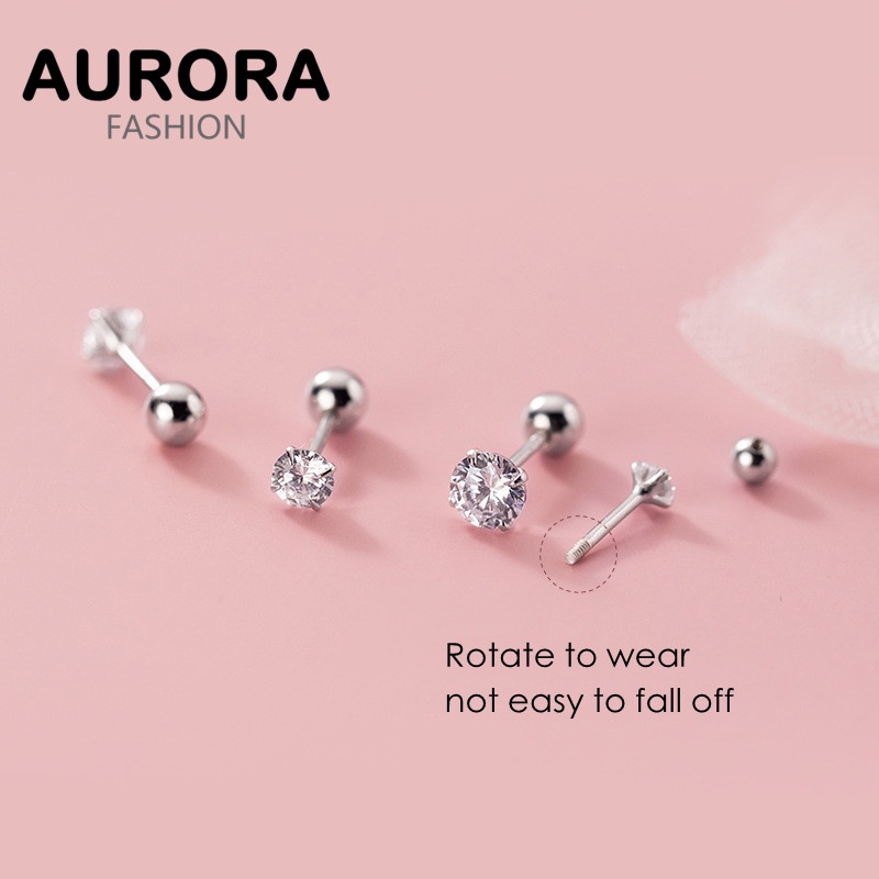 AURORA Unisex Real 925 Silver Diamond Shiny Mini Barbell Stud Earrings