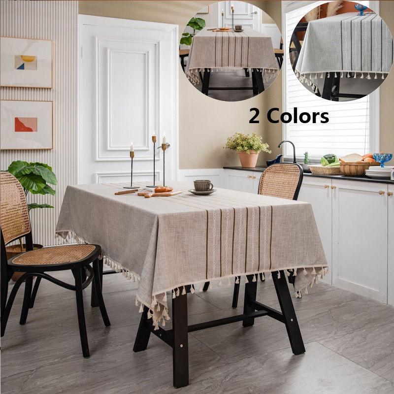 Classic Stripe Embroidered Rectangle Tablecloths with Tassel Kitchen Table Cover for Living Room