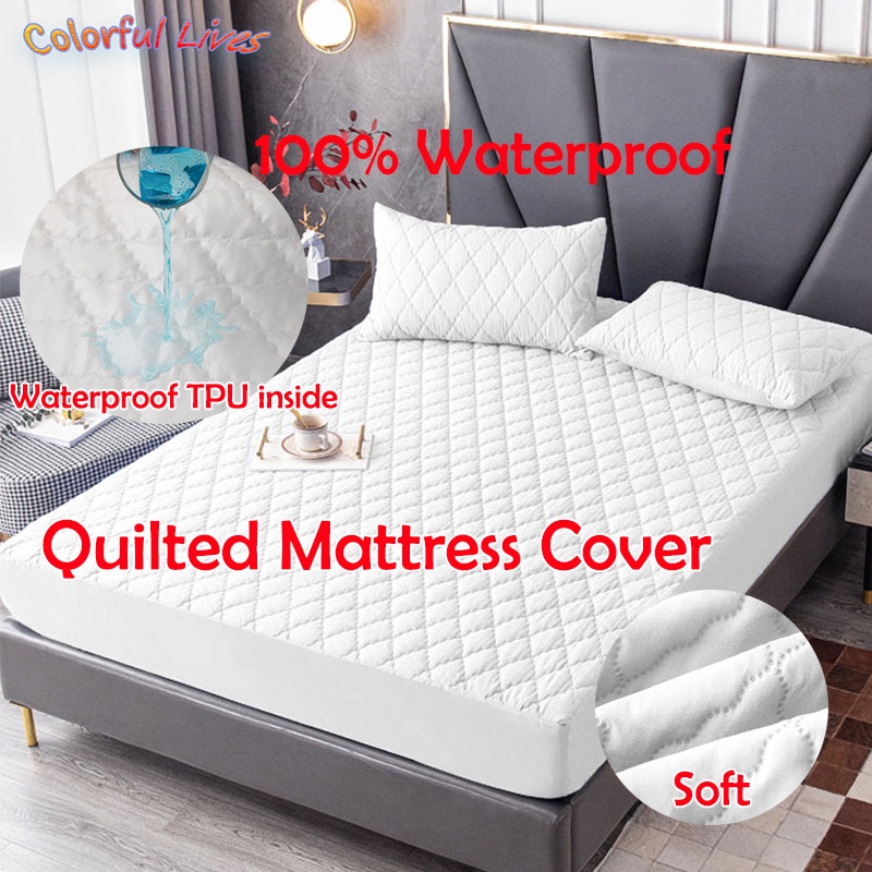 100% Waterproof Quilted Mattress Cover Thicken Bed Cover Garterized ...