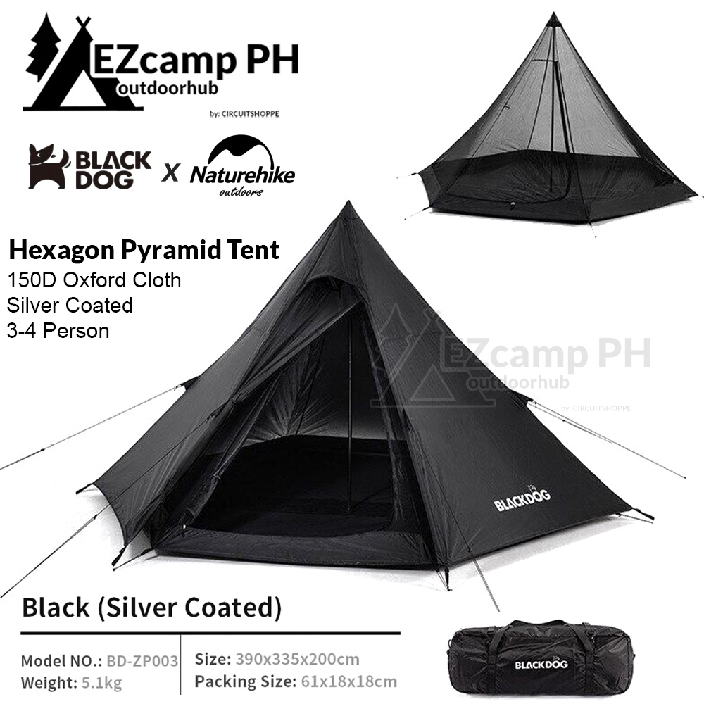 BLACKDOG Hexagon Pyramid Black Tent Portable Lightweight 3-4 Persons ...