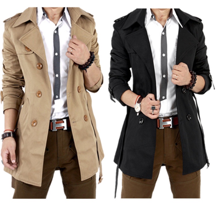 Style Men's trench coat Korean style casual double breasted business british jacket with belt