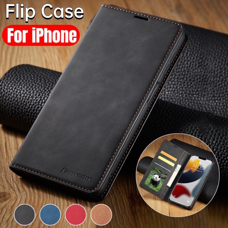 Forwenw Leather Flip Cover for iPhone 17 16 15 14 13 12 Pro Max Air Pure  Color Magnetic Wallet Case Hp iPhone16 iPhone15 iPhone14 Plus iPhone17 Mini 