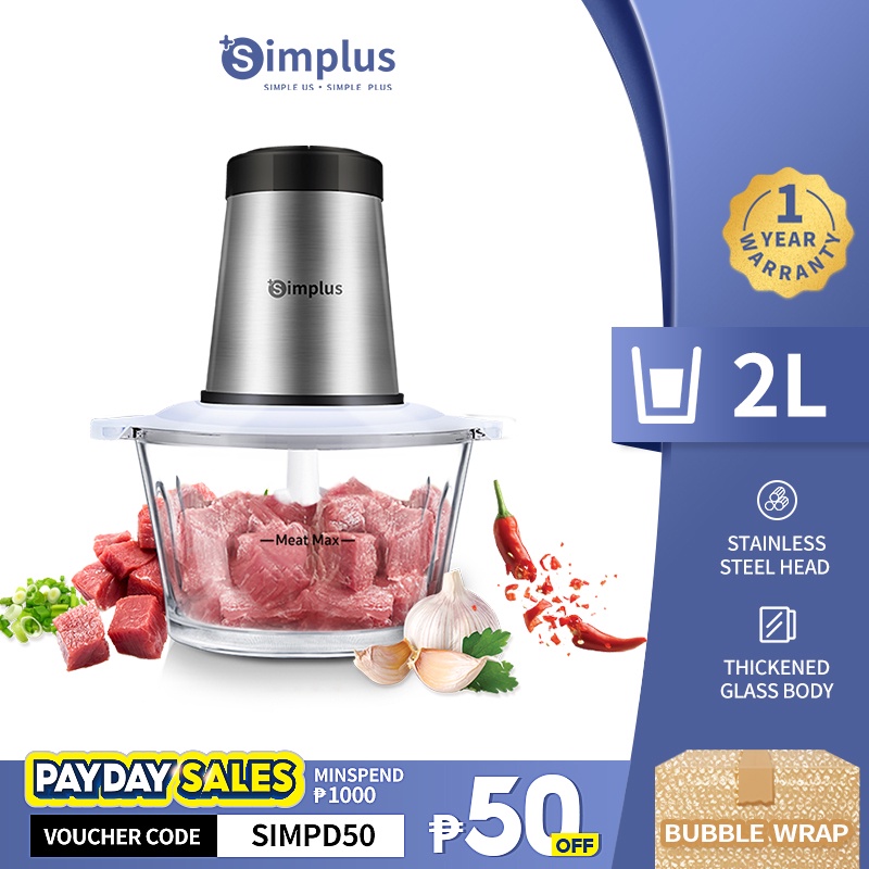 Simplus 2L Electric Meat Grinder Stainless Steel Chopper and Blender