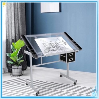 [With lamp] Drafting Glass Table With Extra Side Table Drawers And ...