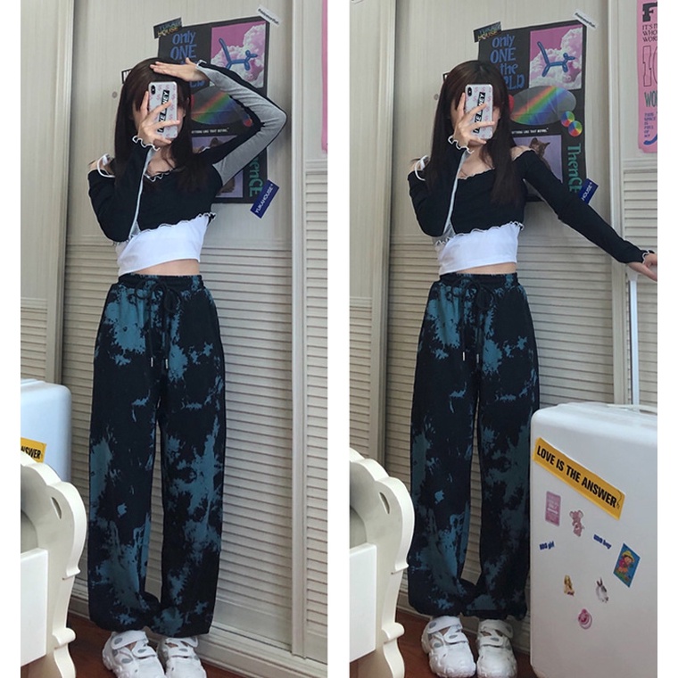 Lansite Women Retro Tie Dye Wide Leg Loose Casual Pants | Shopee ...