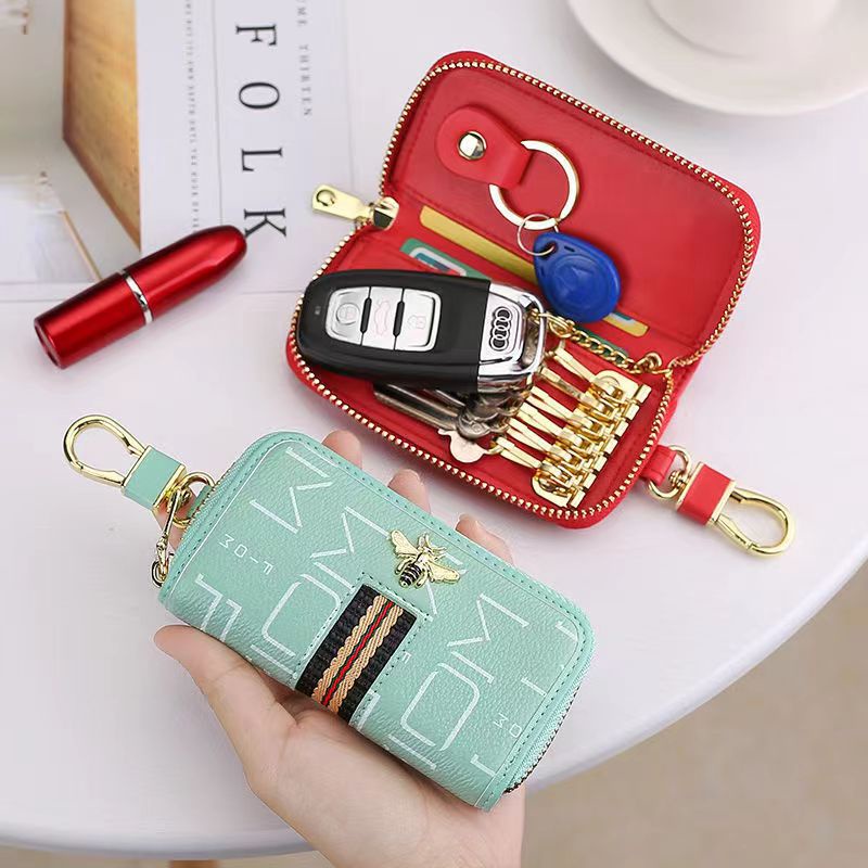 Women Men Leather key pouch Car Key Chain Card Holder Money Wallet Pouch Case 6 keys key holder