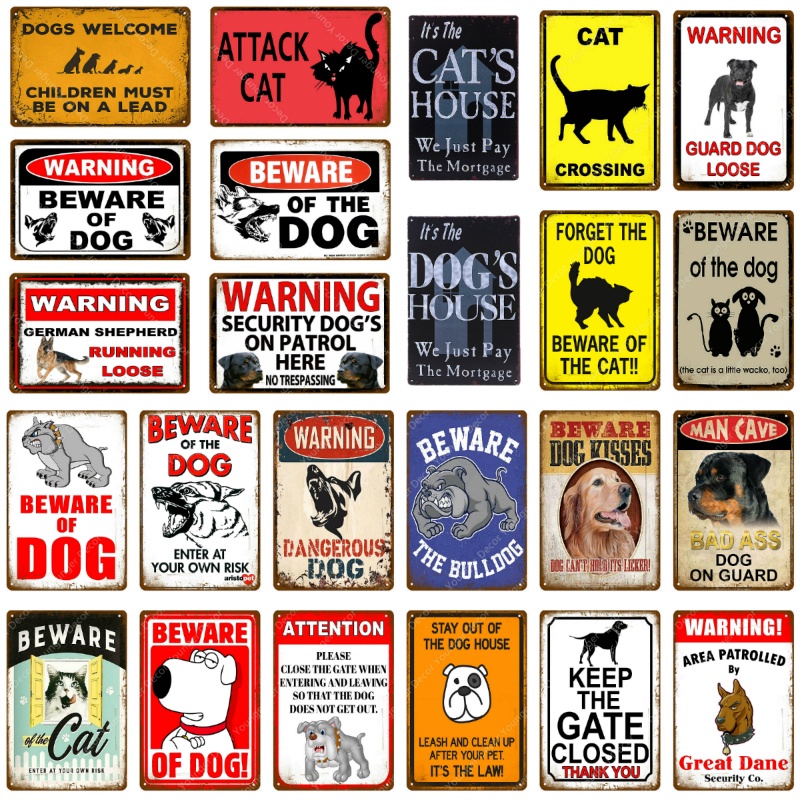 Warning Danger Metal Signs Beware Of The Dog Cat Poster Vintage Wall ...