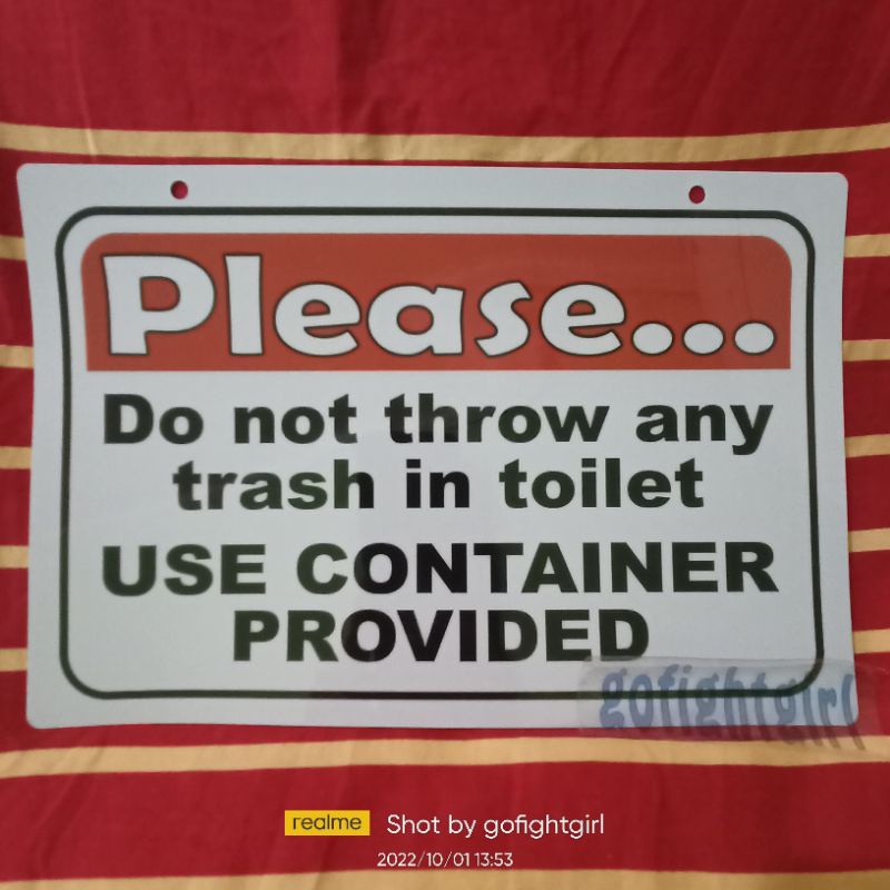 Do not throw any trash in toilet Use Container provided Signage PVC ...