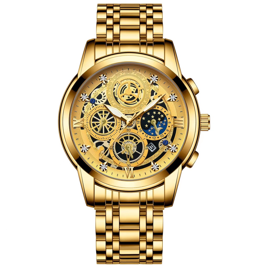 BINBOND original automatic hollow calendar men's watch non-mechanical steel  belt business waterproof