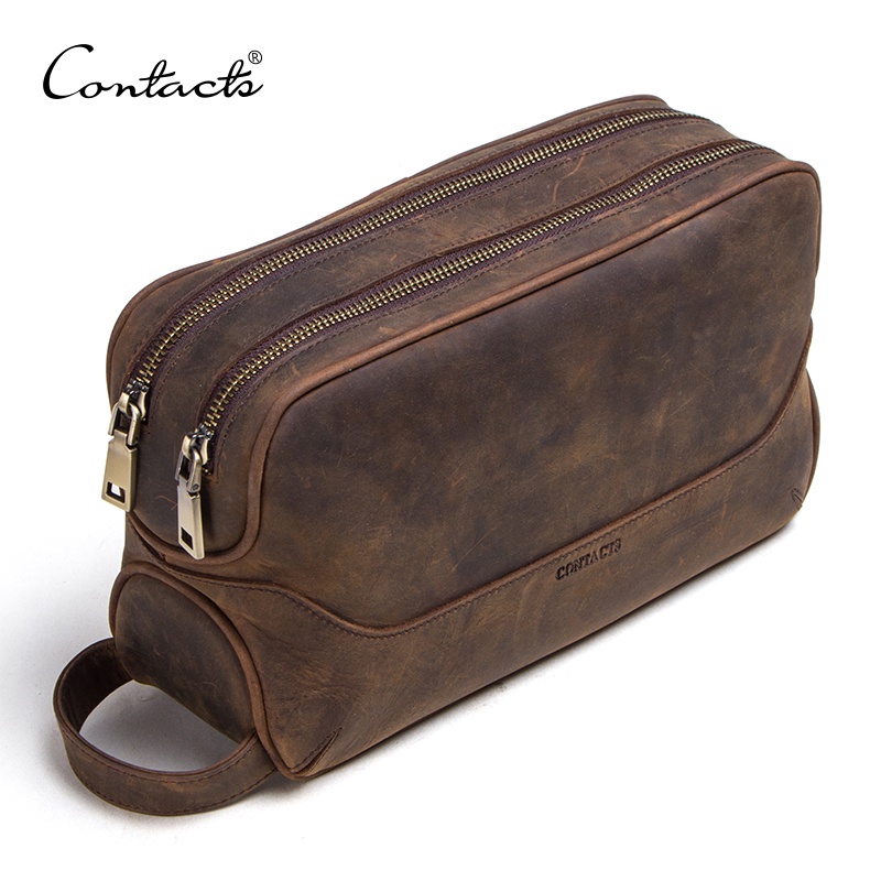 CONTACT'S Crazy Horse Genuine Leather Men's Cosmetic Bag Male Toiletry Bag  Vintage Wash Bags Man's Make Up Bags Travel Organizer