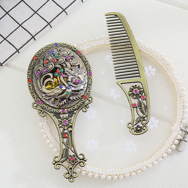 Vintage Comb Set Bronze Hollow Pattern Dressing Small Mirror Handle ...