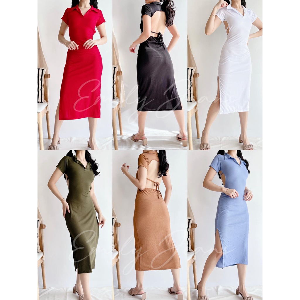 EMILY Inspired Collar Open Back Bodycon Maxi Dress with Slit New Trend ...