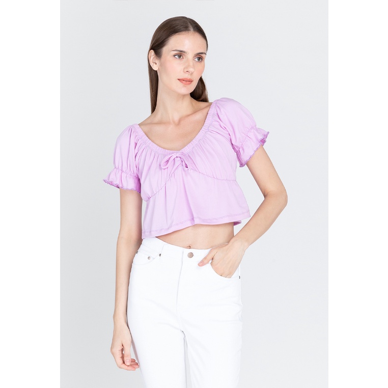 Next Jeans Puff Sleeves Front Ribbon Crop Top (Lavender) | Shopee ...