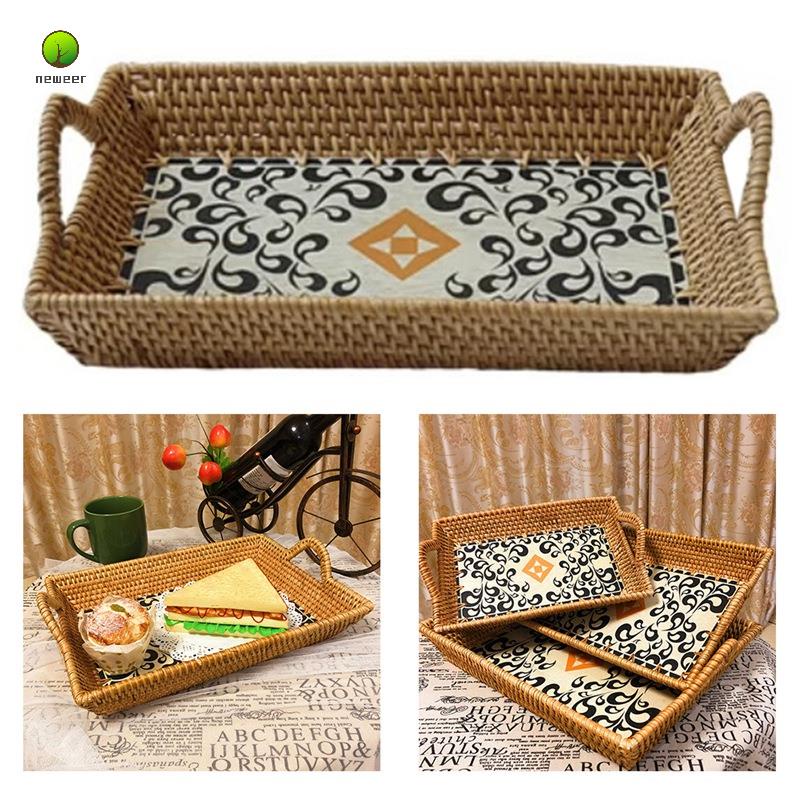 Woven Rectangular Storage Basket Handmade Rattan Food Tray Fruit Basket