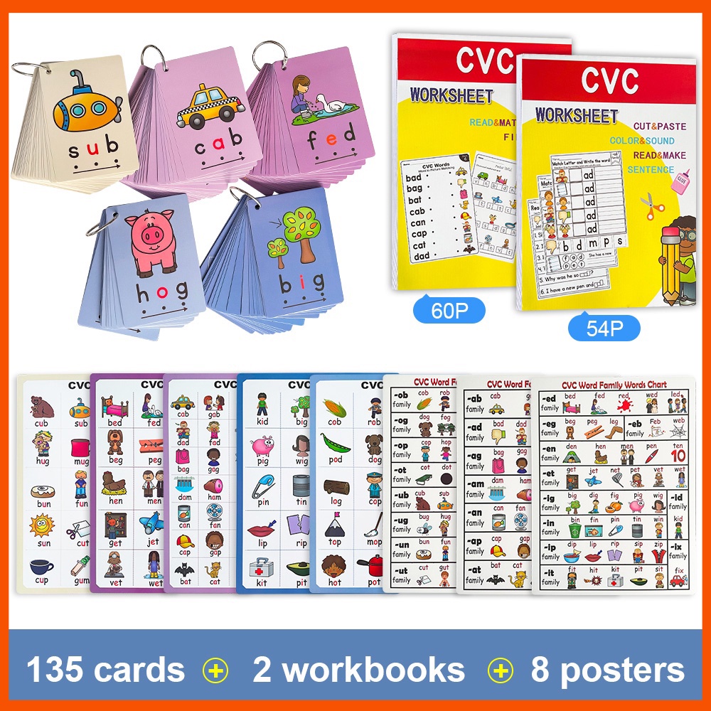 Full Set of Phonics CVC Words Flashcards+ Workbooks+Posters Language ...