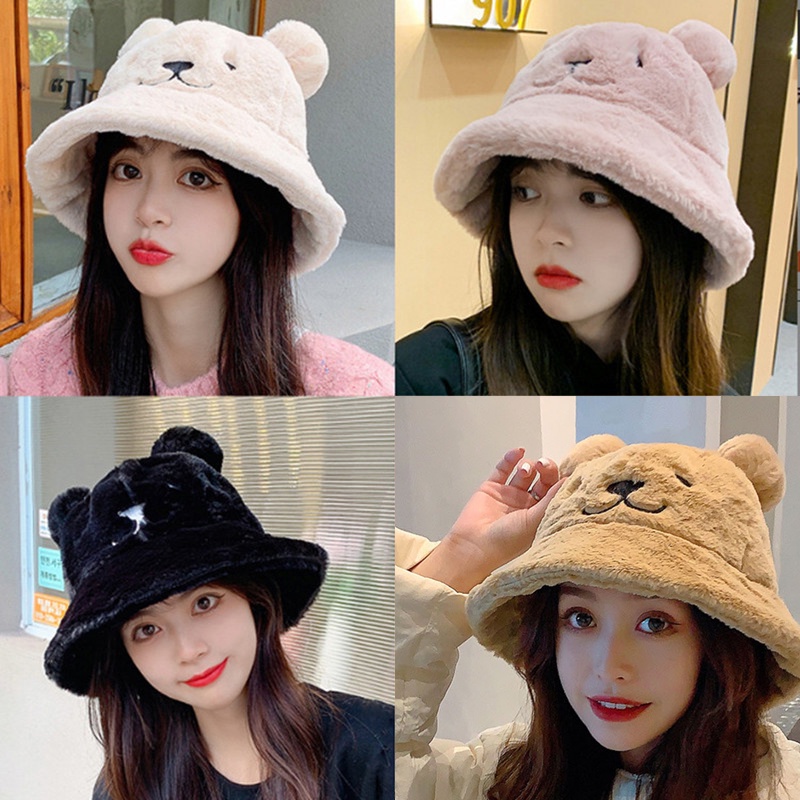 Winter Warm Cap Cute Little Bear Ear Protection Plus Plush Bucket Hat ...