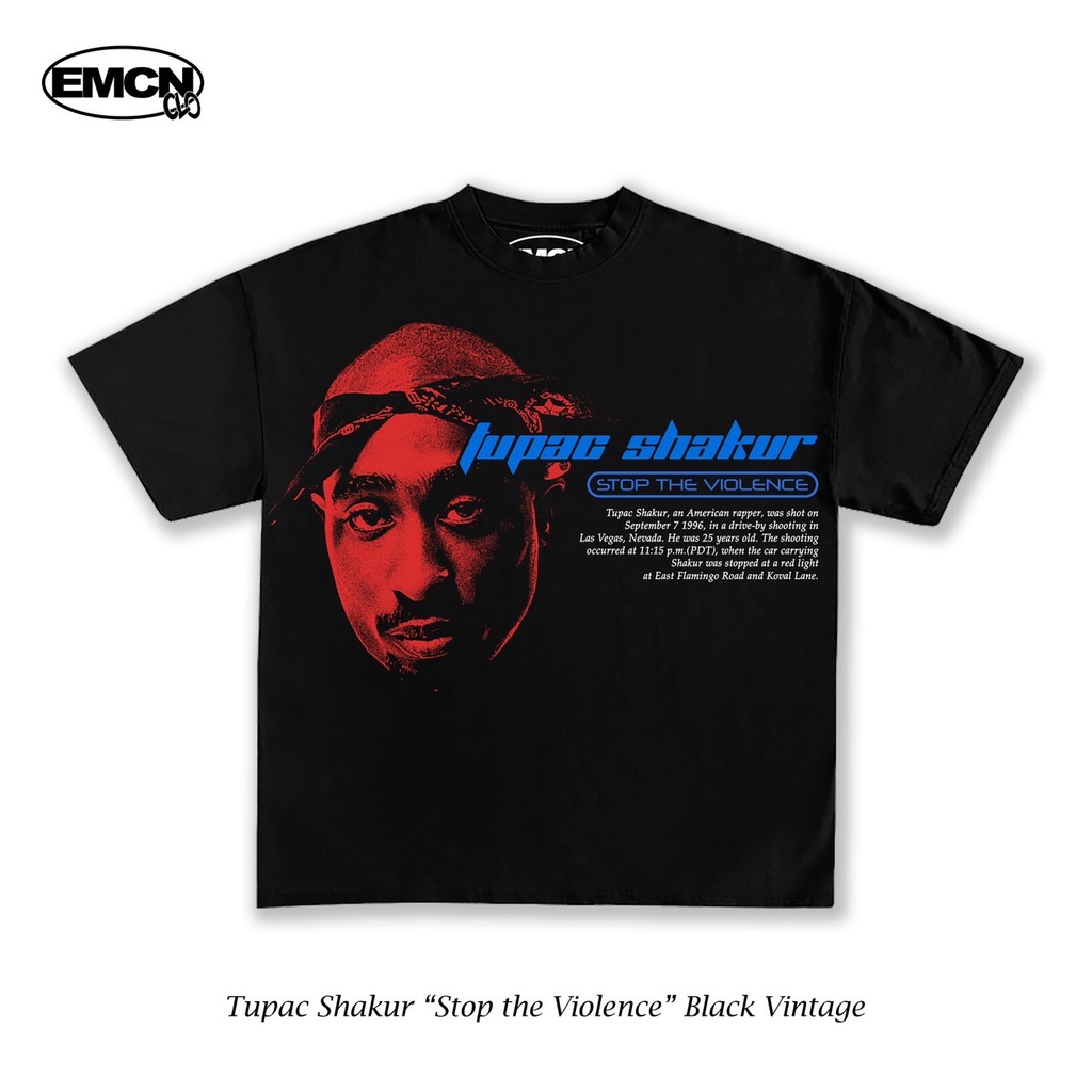 T-shirt Vintage Années 90 Tupac & Biggie – Message « Please Stop The Violence » – Taille XL/2XL – Coton Noir