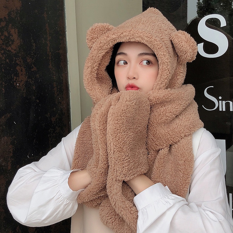 Lamb cashmere autumn and winter hooded scarf gloves all in one warm hat Shopee Philippines