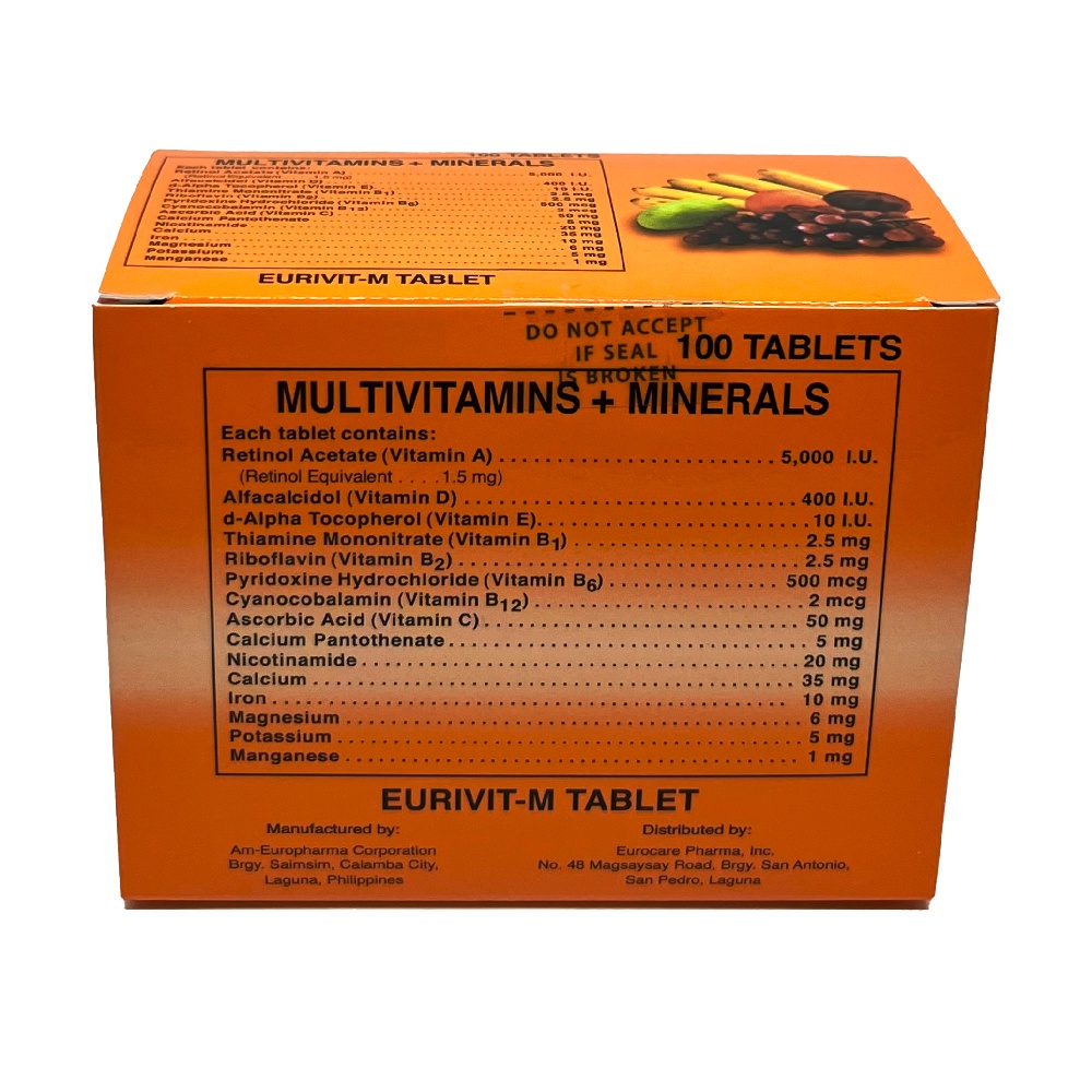 EURIVITM TABLET Multivitamins + Minerals 100 Tablets FDA Approved! Expiry Nov 2026 Shopee