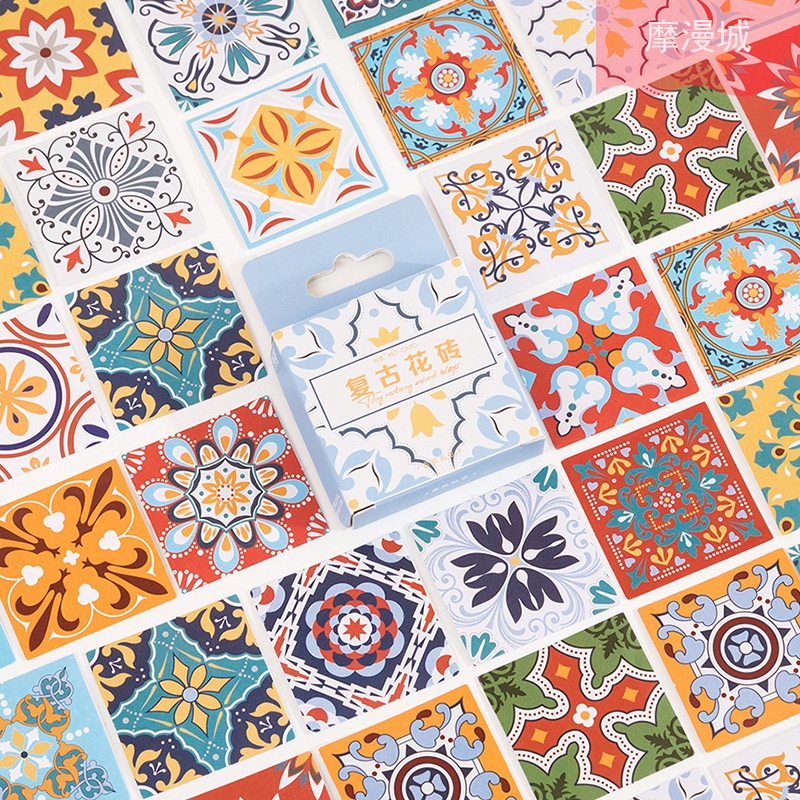 46 Pcs Boxed Stickers Vintage Tiles Stickers Handbook Diary DIY ...