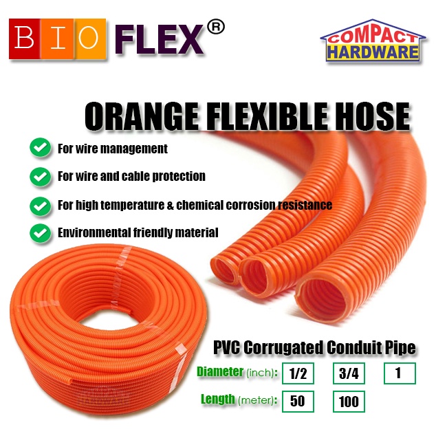 Orange Flexible Hose 1/2x50m & 1/2x100m PVC Conduit Pipe Electrical Orange  Pipe BIOFLEX