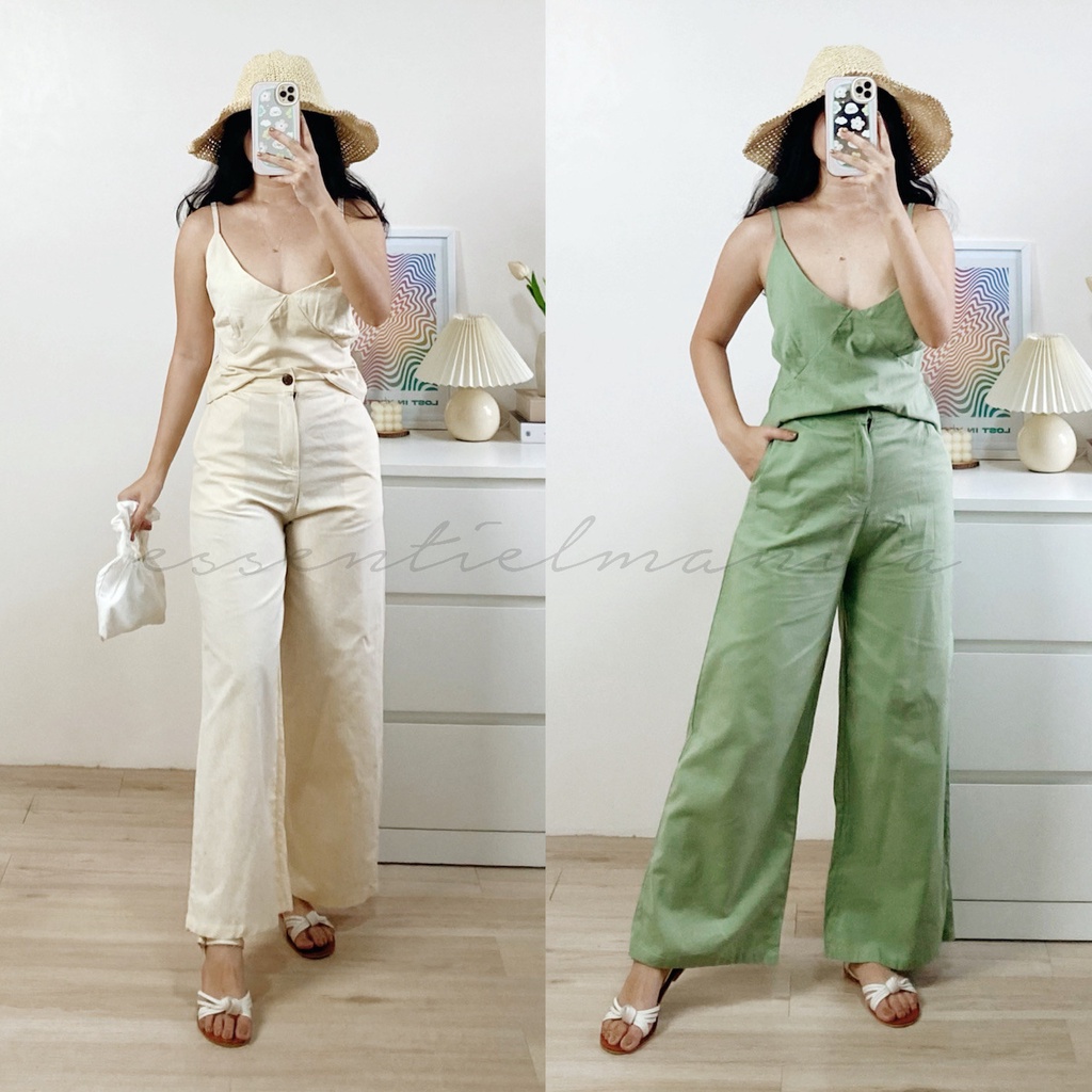 ESSENTIELMANILA String V-neck Top + High Waist Pants Linen Set EM183 ...