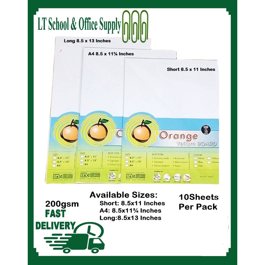 100 Sheets Orange Vellum Board Specialty Board White Long size 200gsm/10 sheets per pack