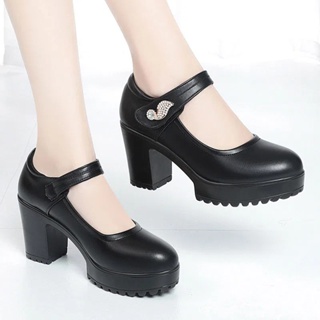 Capomos Black Leather shoes for women spring and autumn dance shoes ...