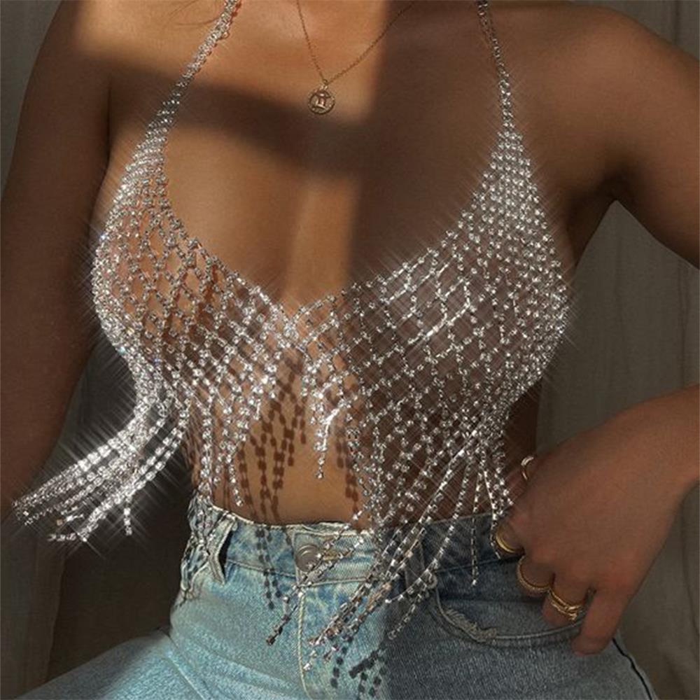 Luxury Mesh Tassel Body Harness Chest Chain Bra Top Rhinestone Crystal ...