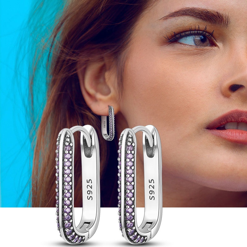 Genuine Earrings s925 Silver Purple Zircon Rectangular Ear Clip ...