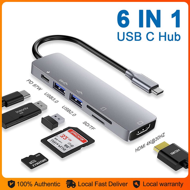 ACAI USB C HUB 6 in 1 Type C to HDMI 4K 2 USB 3.0 Ports SD/TF Card ...