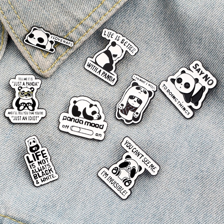 Cute Cartoon Panda Brooch Pin Text Animal Badge Fun Panda Lapels Pins