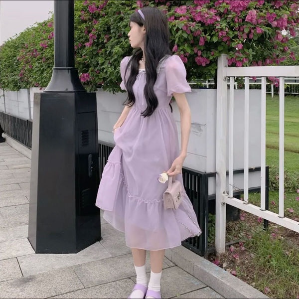 Long Sleeve Chiffon Dress Purple Lavender