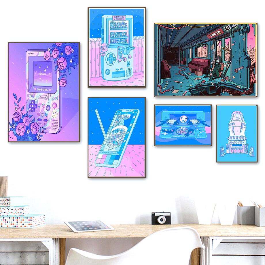 80s Vaporwave Style Poster Game Handle Anime Poster Neon Blue Girl ...