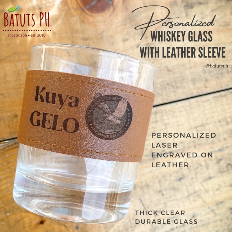BatutsPh Personalized whiskey glass with leather Sleeve, Clear Glass