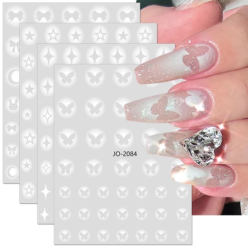 3D Transparent Gradient Butterfly Nail Stickers White Smudge Love Stars Nail Decals Self