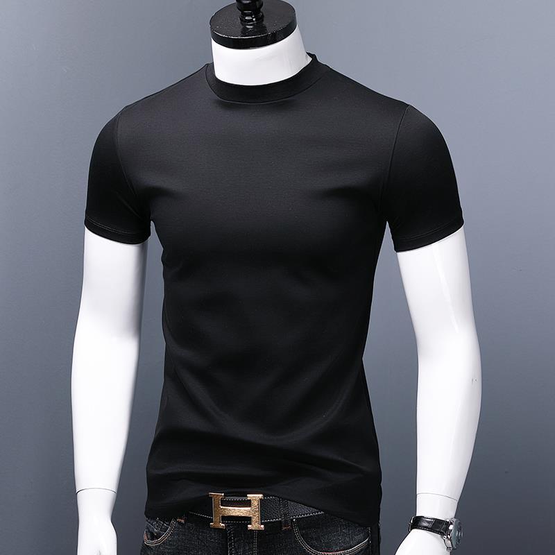 Half Turtleneck Men T-Shirt Hong Kong Style Short-Sleeved Solid Color ...