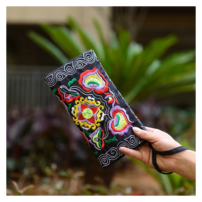 Women Vintage Ethnic Floral Embroidered Coin Clutch Long Wallet Durable ...