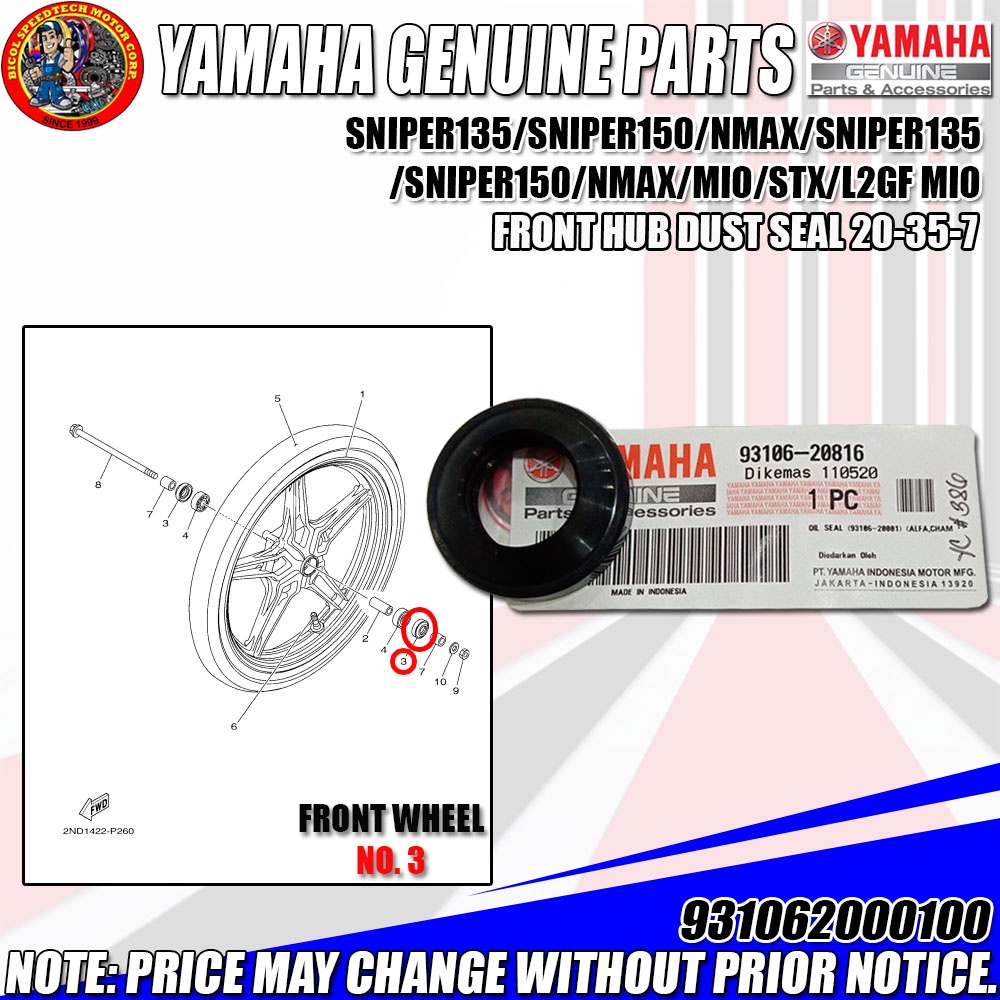 Sniper 135sniper 150nmaxmiostxl2gfaerox Front Hub Dust Seal Ygp Genuine 93106 20816 1924