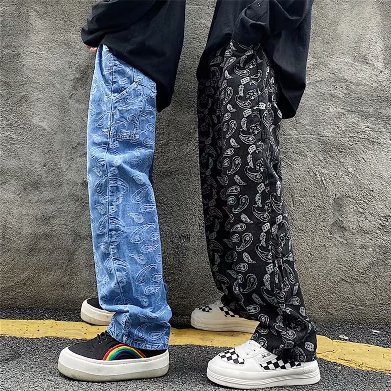 High street pants Cashew flower jeans men's loose straight hip-hop ...