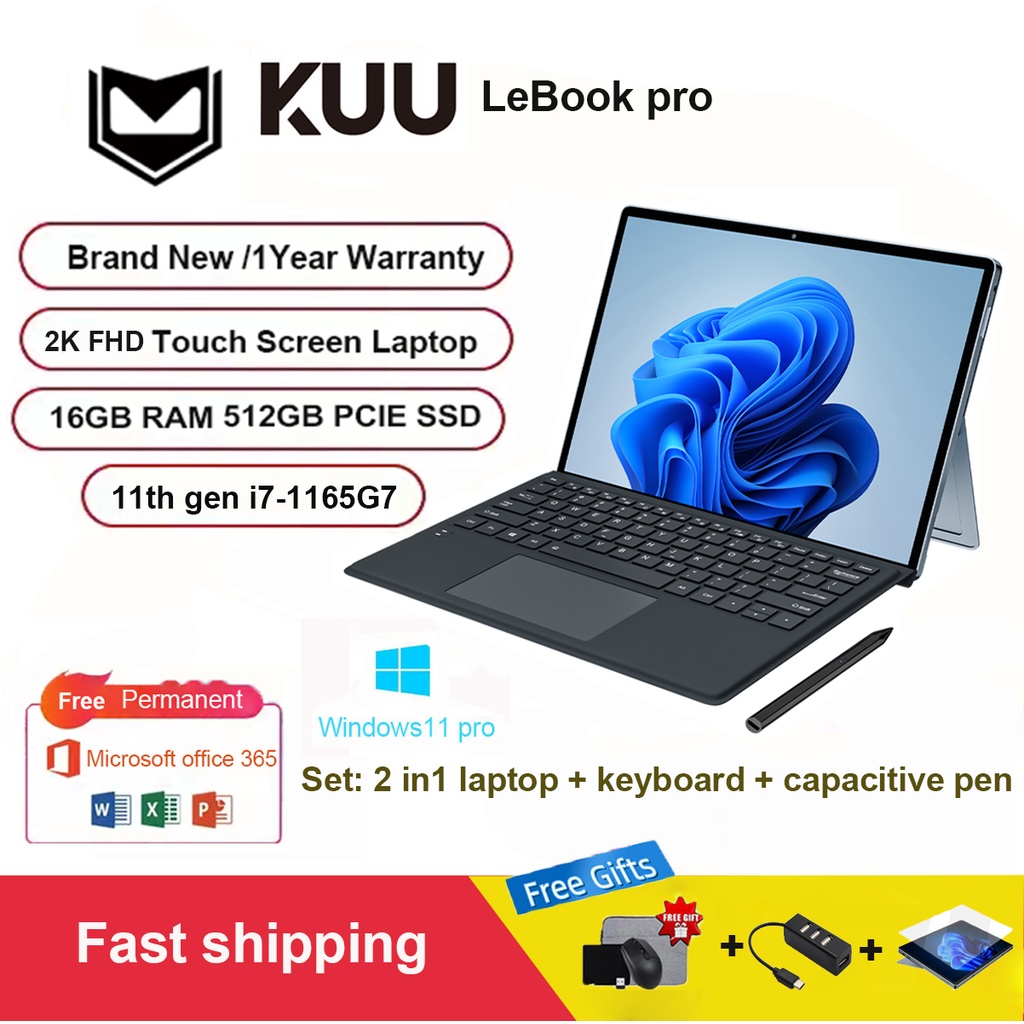 KUU LeBook II in Touchscreen Laptop Intel Core i7-1165G7 16GB RAM 512GB  PCIE SSD 2K Screen Tablet PC with WIFI Win11 pro Notebook