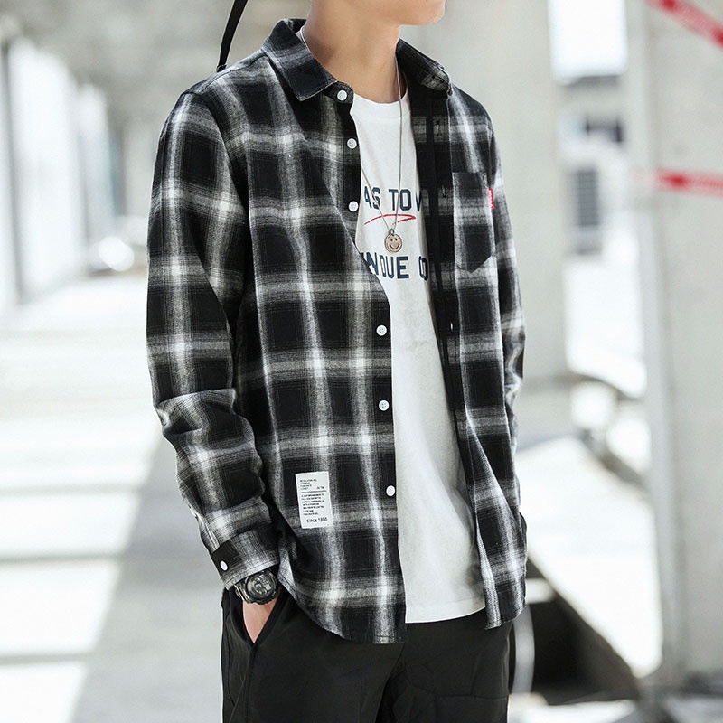 Korean loose plaid long sleeves shirt for men oversize checkered polo tops man office Retro Shirt Shopee Philippines