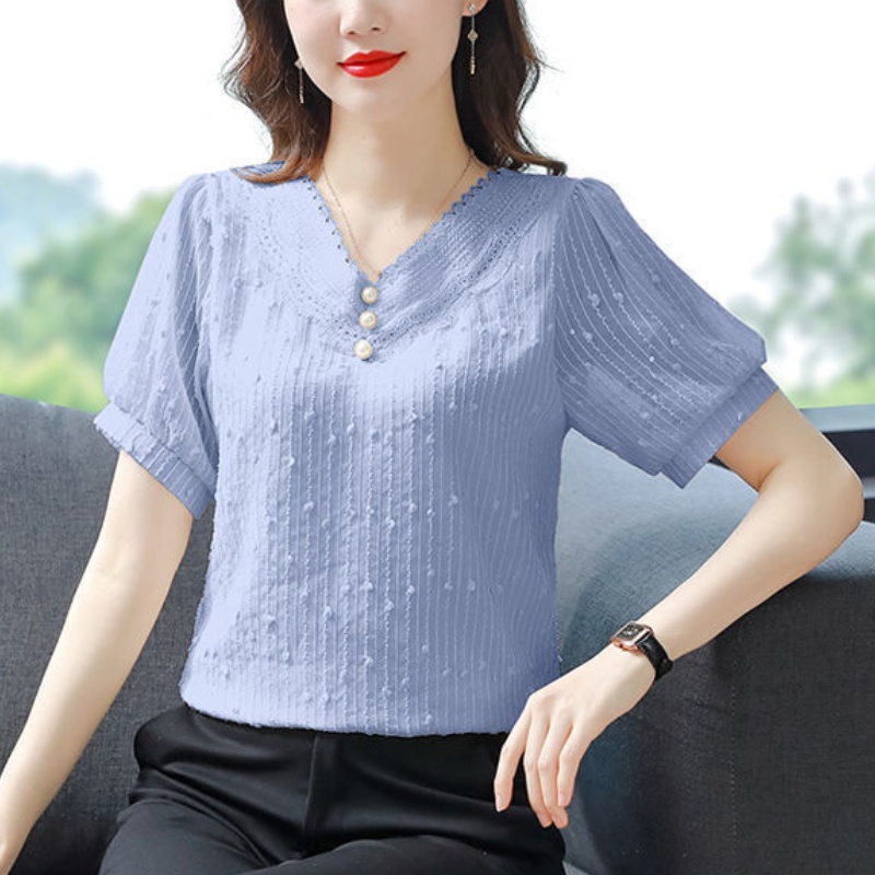 Elegant Blouse Women Plus Size V Neck Top Korean Style Summer Fashion Short  Sleeve Chiffon Shirt