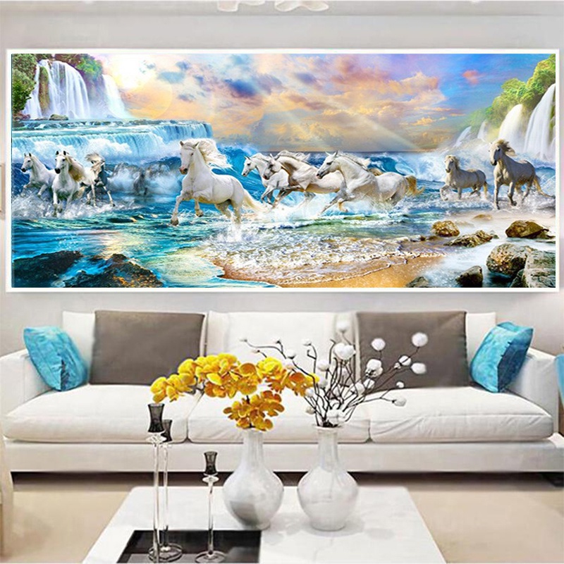 White Running Horses Canvas Painting Home Living Room Wall Decor ...