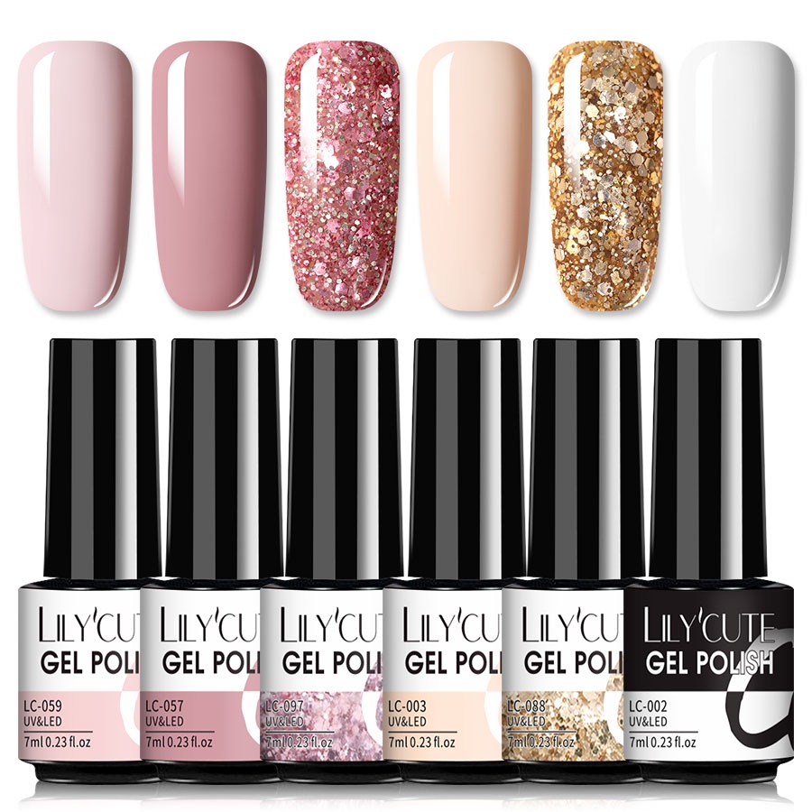 LILYCUTE 6Pcs Nail Gel Polish Set Rose Gold Glitter Gel Polish Pink