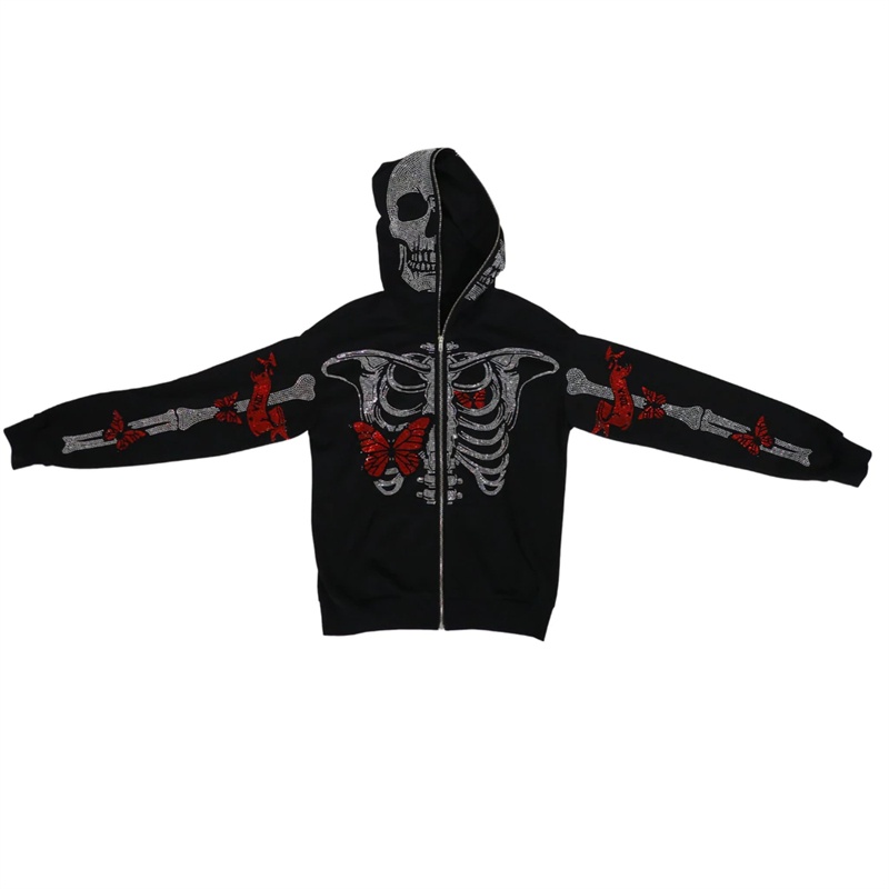 Zipup Hoodie Men Y2K Clothes Fashion Hoodies Cool Rhinestones Butterfly Skeleton Print Unisex
