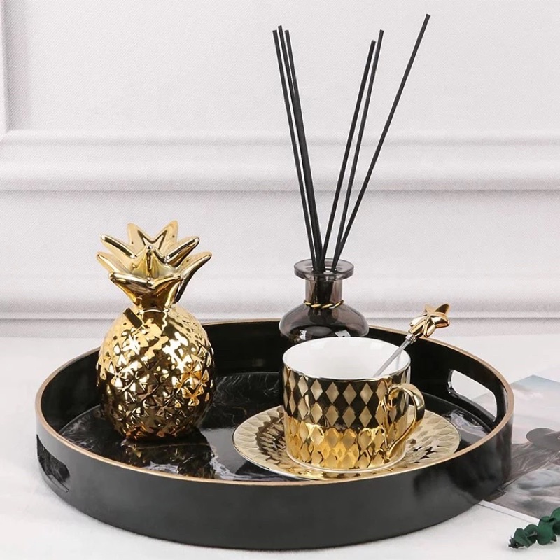 Round white Decorative Tray, Marbling Plastic Tray with Handles, with gold edges Shopee