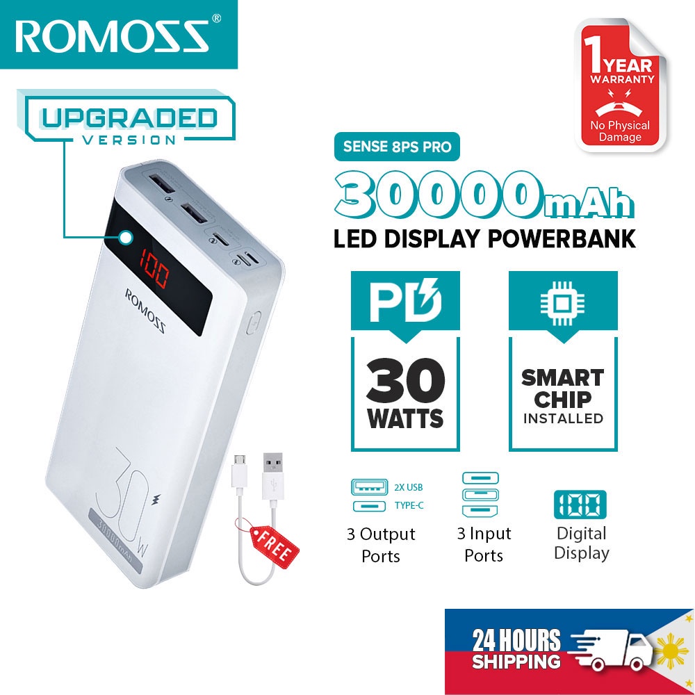 ROMOSS 30000mAh Power Bank, Sense8F Portable Charger, 22.5W USB C PD20W  Fast Charging, Phone Battery Pack with 3 outputs & 3 inputs, Compatible  with