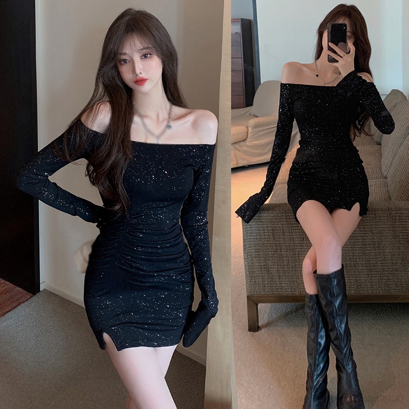 Women's Sexy off-Shoulder Long Sleeve Hip Dress Korean Hugh Pure Color ...