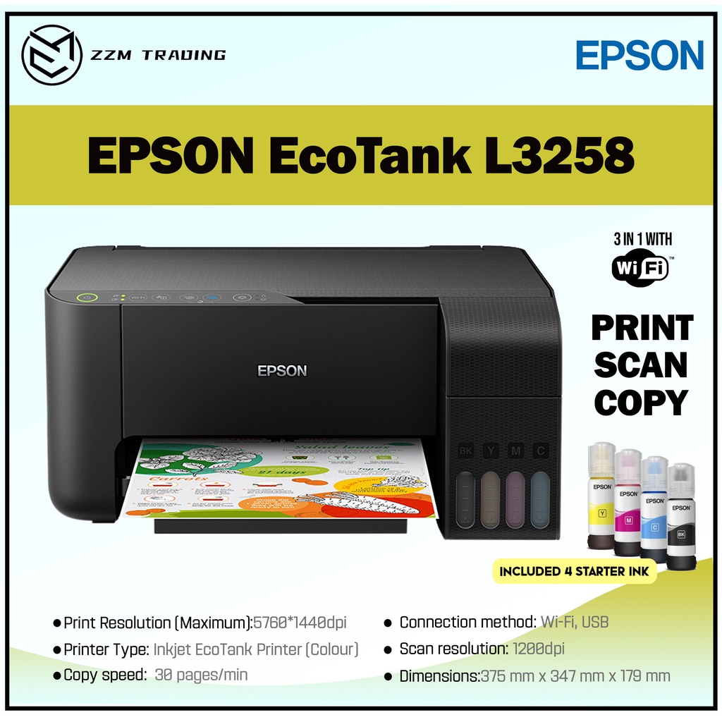 Epson L3258 Printer Eco Tank All In One Machine Print Scan Copy Free Ink And Cable Included 2710